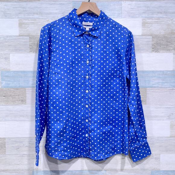 J CREW Perfect Linen Shirt Blue White Polka Dot Button Down Work Womens 8 - Picture 1 of 6